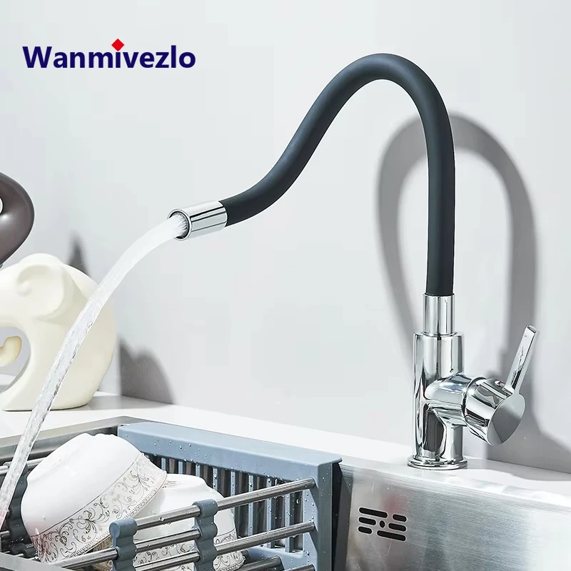 Robinet d'évier de cuisine tuyau d'eau flexible 360 °   Robinet d'eau de mélangeur d'eau chaude froide de bâti de pont de poignée simple de rotation