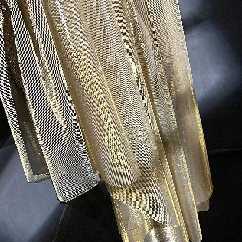 Light Gold Laser Iridescent Hollow Fabric Mesh Texture Mesh Dress Color Changing Perspective Hanfu Designer Fabric