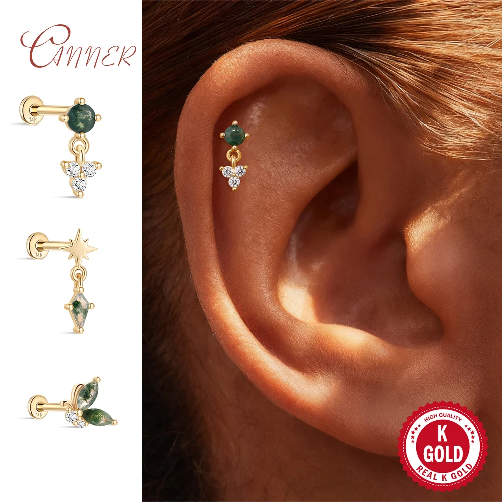 

CANNER 1PC Real 14K Pure Gold Natural Moss Agate Stud Earring for Women Flat Back Threaded Piercing Ear Engaged/Wedding Jewelry