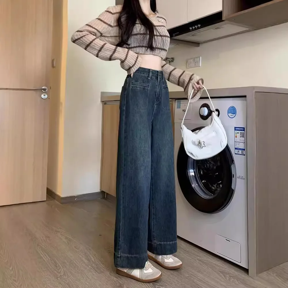 

Straight Jean Ankle Length Denim Pants Women Jeans High Waist Spliced Distressed Vintage Zipper Fly Loose Fit Washed