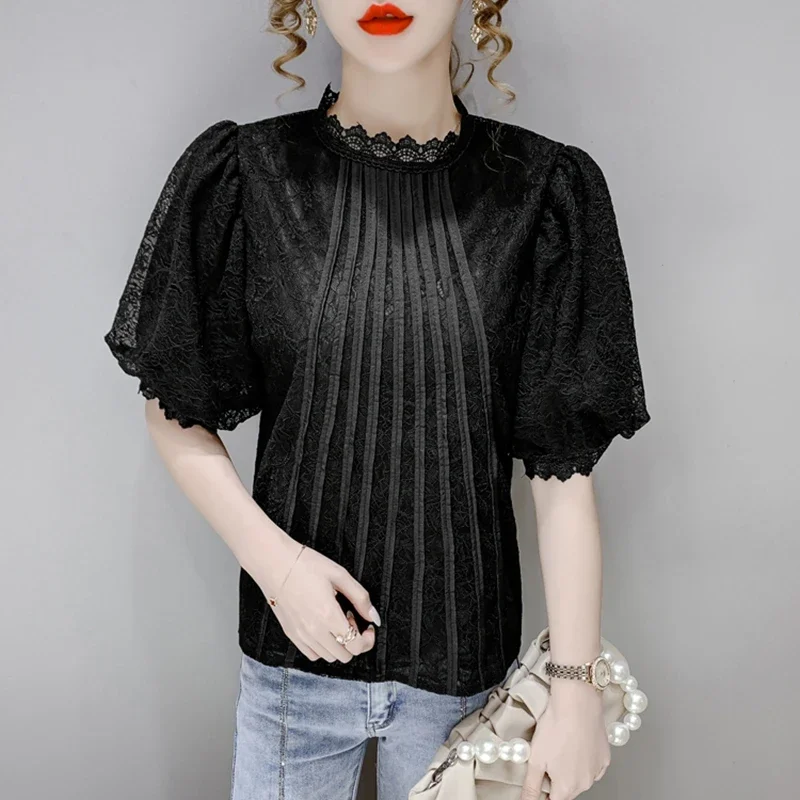 Women Summer Casual Blouses 2024 Elegant Korean Fashion Clothes Lace Shirts White Balck Ladies Vintage Puff Sleeve Tops Mujer