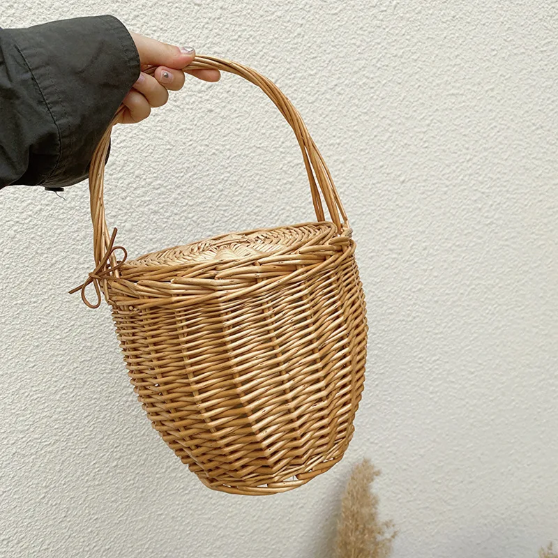 

Богемная плетеная сумка-корзина из ротанга с крышкой, плетеные соломенные пляжные сумки ручной работы для женщин, сумка для путешествий, отпуска, корзина для пикника с фруктами