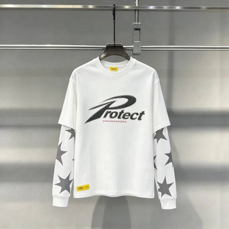 Black Dot Pixel Letter Logo Protect Star Waffle Long Sleeve High Quality Cotton Round Neck Fake Two Pullovers Men Women Tshirts