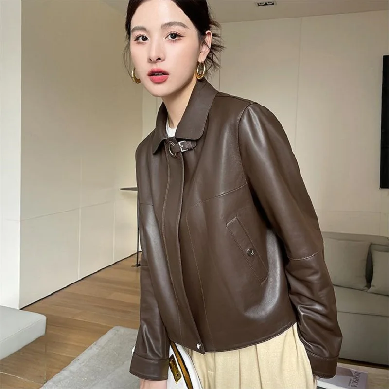 Sheepskin Coat for Women Autumn Winter Short Double Pockets Slim Lapel Motorcycle Zipper Coffe Genuine Leather Jacket Overcoat