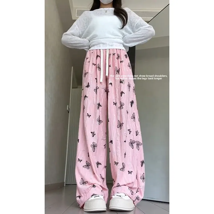 Pink  Wide Leg Pants Women's Summer Thin Ice Silk Sun Protection Sparkling Diamond Casual Long Trousers Korean Sle