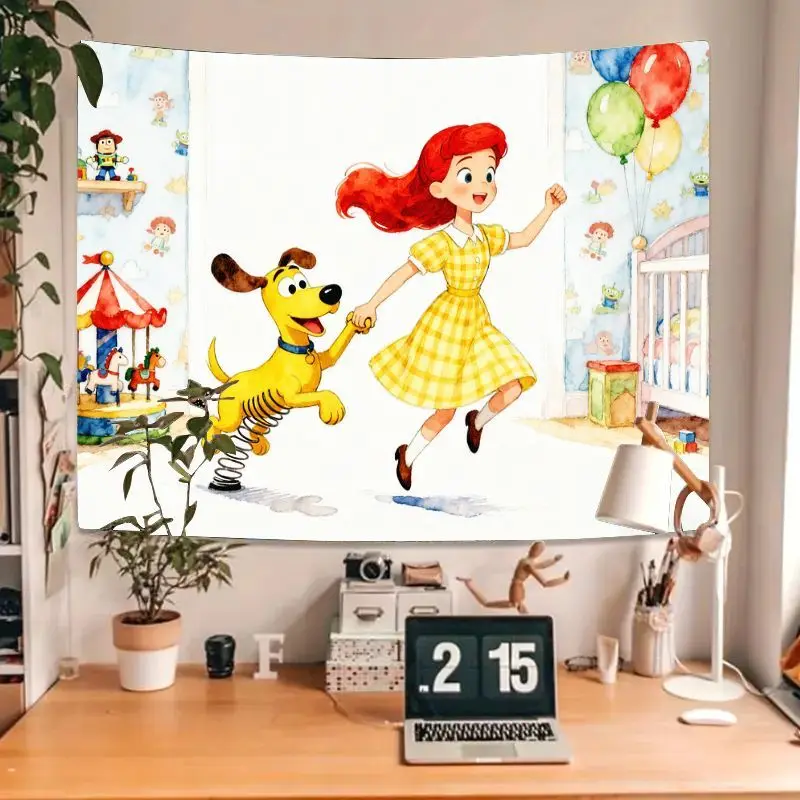 1 Buah Permadani Gadis Berambut Merah Ceria & Anjing Bergaya Slinky, Seni Dinding Ruang Bermain, Dekorasi Kamar Tidur Anak Poliester Lucu, Hadiah Dekorasi Kamar Anak
