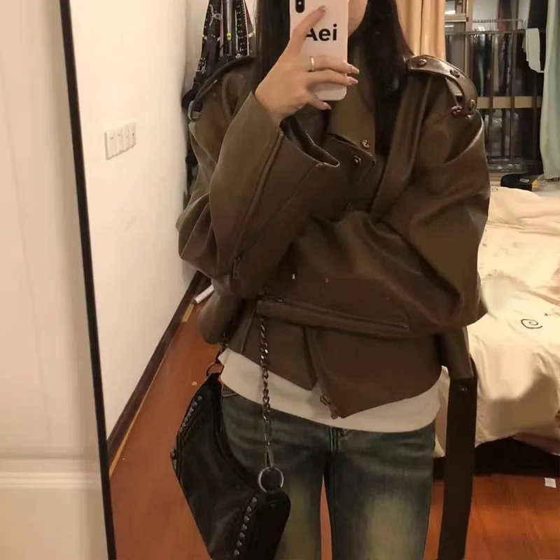 2023 New Women Autumn Winter Faux Leather Clothing Short-length Loose Overcoat Locomotive Turn-down Collar Jacket Trend Outwear