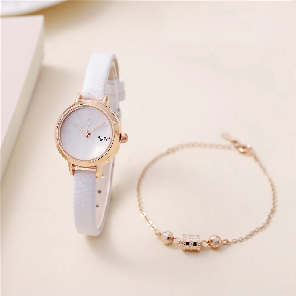 2pcs/set fashion simple small quartz women girl leather quartz watch