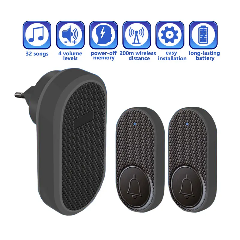 Smart Welcome Doorbell Wireless Door Bell Chime Guests Button 32 Songs Home Alarm Reminder Receiver Black Fashion