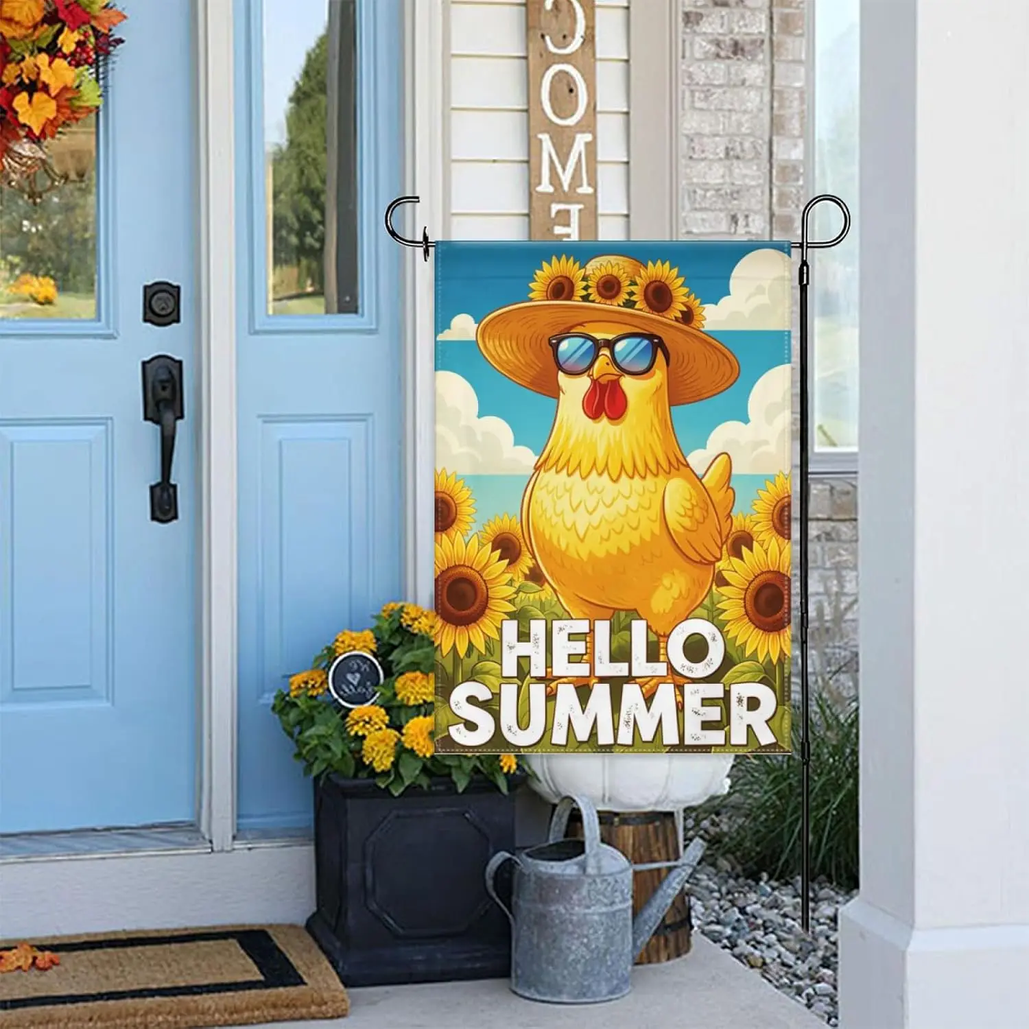 Hello Summer Chicken Garden Flag 12x18 Inch Double Sided – Funny Cool Rooster with Sunglasses & Sunflower Yard Decoratio jjp