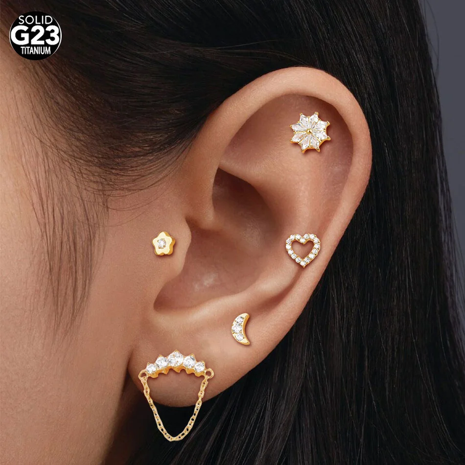 1pc Titanium Heart Moon Zircon Stud Earring Women Internally Threaded Chain Cartilage Helix Tragus Piercing Body Jewelry