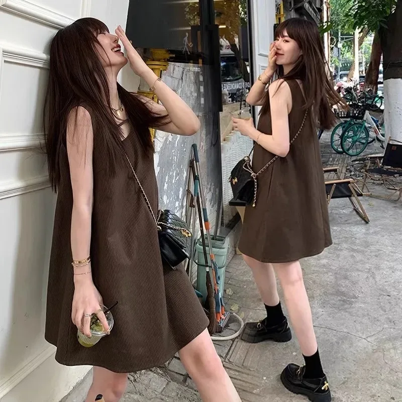 Women's Brown Sleeveless Loose Maternity Dress Casual Summer  Dress