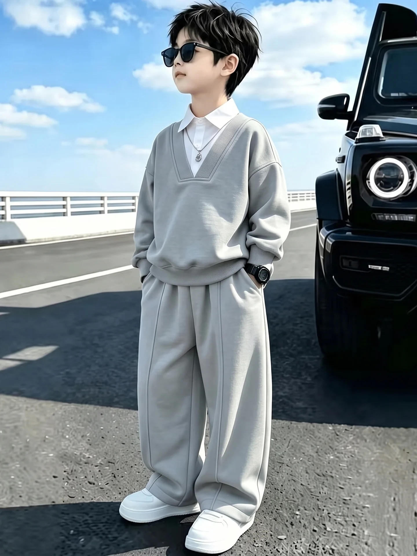 Autumn Big Boys Shirt collar Sweatshirt+Pants 2Pcs Suit Casual Children Outfit Kids Sports Set Comfort Teen Clothing Set 3-15Yrs