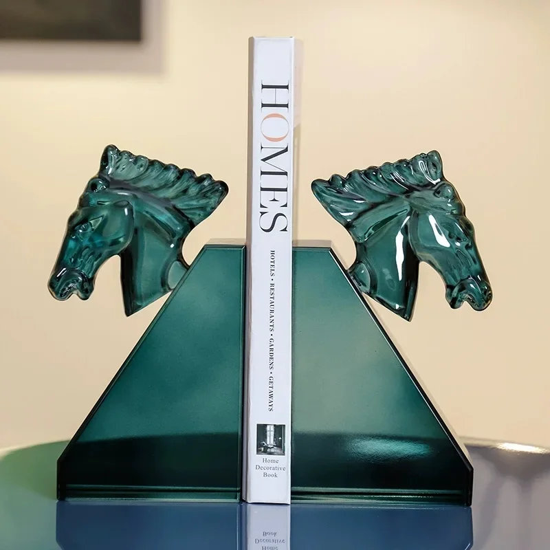 K9 Crystal Horse Head Bookends 1 Pair Triangle Shape Heavy Duty For Shelves Non Skid Book Stopper Transparent Tea Lake Blue Gray