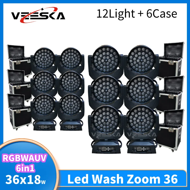 No Tax 6 Cases 12 Pcs Lyre Wash Zoom 36x18w RGBWAUV 6in1 Beam Wash Zoom Moving Head Light DMX512 Wall Light DJ Flightcase