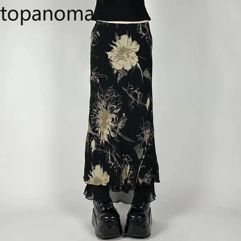 

Topanoma винтажные юбки женские с цветочным принтом сетчатая лоскутная тонкая винтажная модная темпераментная длинная юбка женская повседневная шикарная