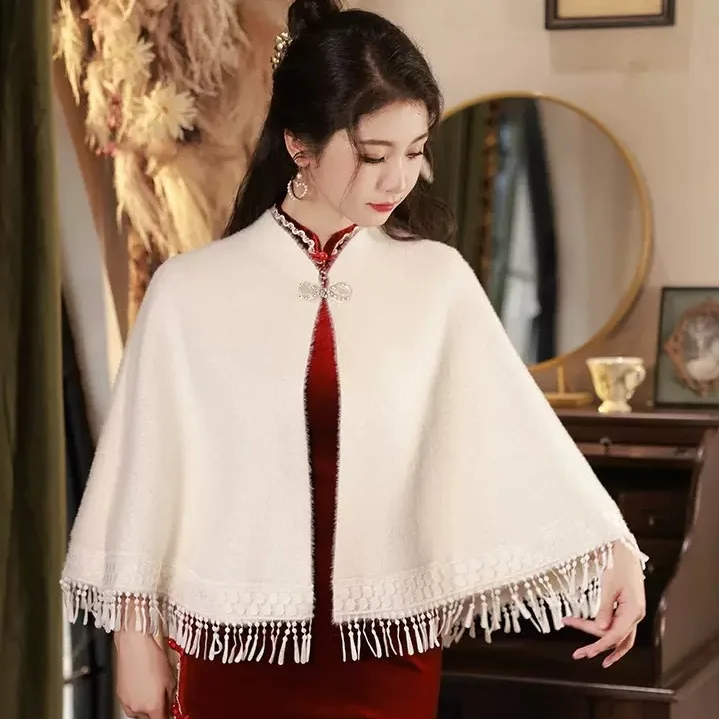 ウェディングショール中国風の暖かさ婚約用チャイナコート冬のお祝い女性用ピュアカラーレースデザインショール