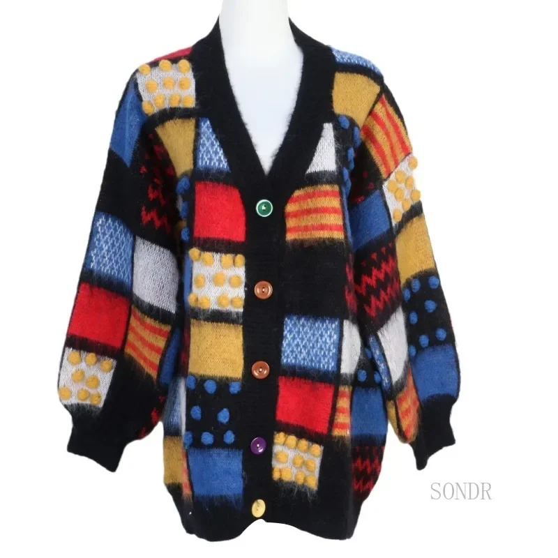 Retro Contrasted Plaid Oversized Cardigan Three-dimensional Hairball Knitted Cardigan Soft Mohair V-neck  Sweater Jacket Thick