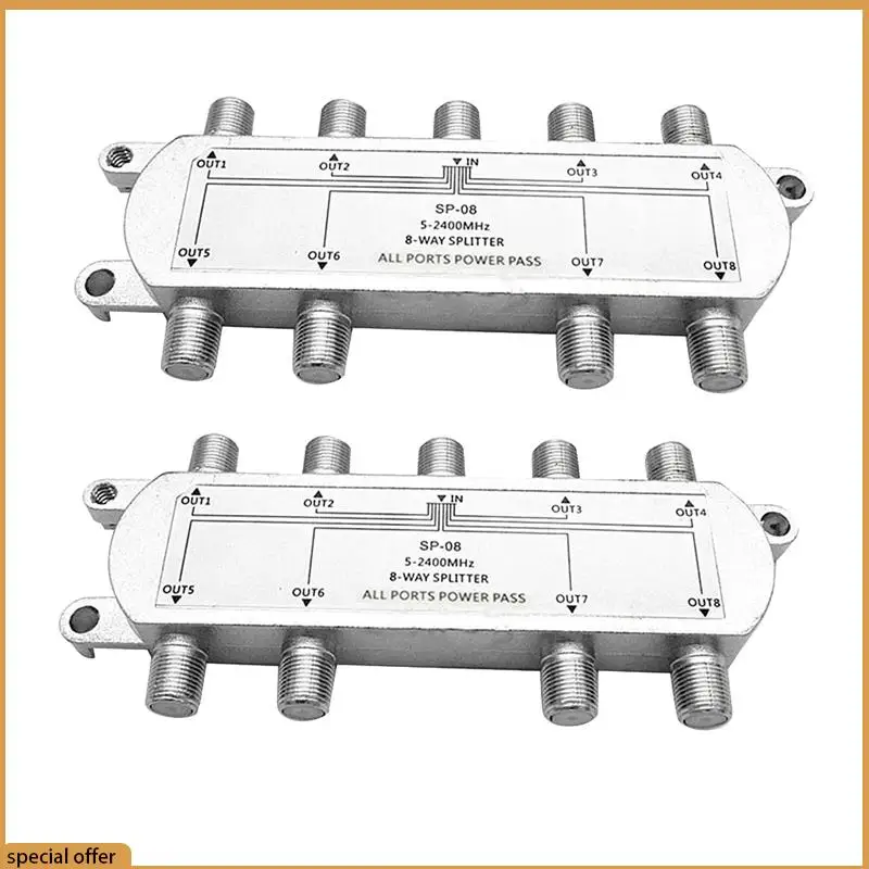 A68Z 2PCS Satellite 8 Way Coaxial Cable Splitter 5-2400Mhz F Type Plug Work With Analog/Digital TV Connection And Internet