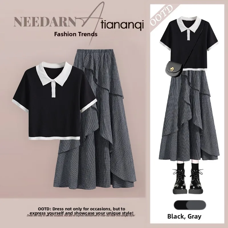 

Летний новый комплект для женщин больших размеров: свободная футболка с эффектом похудения и асимметричная юбка с высокой талией. Модный повседневный наряд.