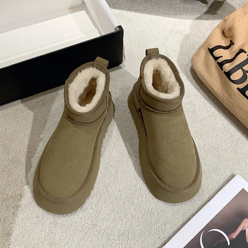 Winter Women's Cropped Plush Warm Snow Boots Casual Shoes New Suede Platform Non-Slip Ankle Boots Flats Women's Shoes Botas