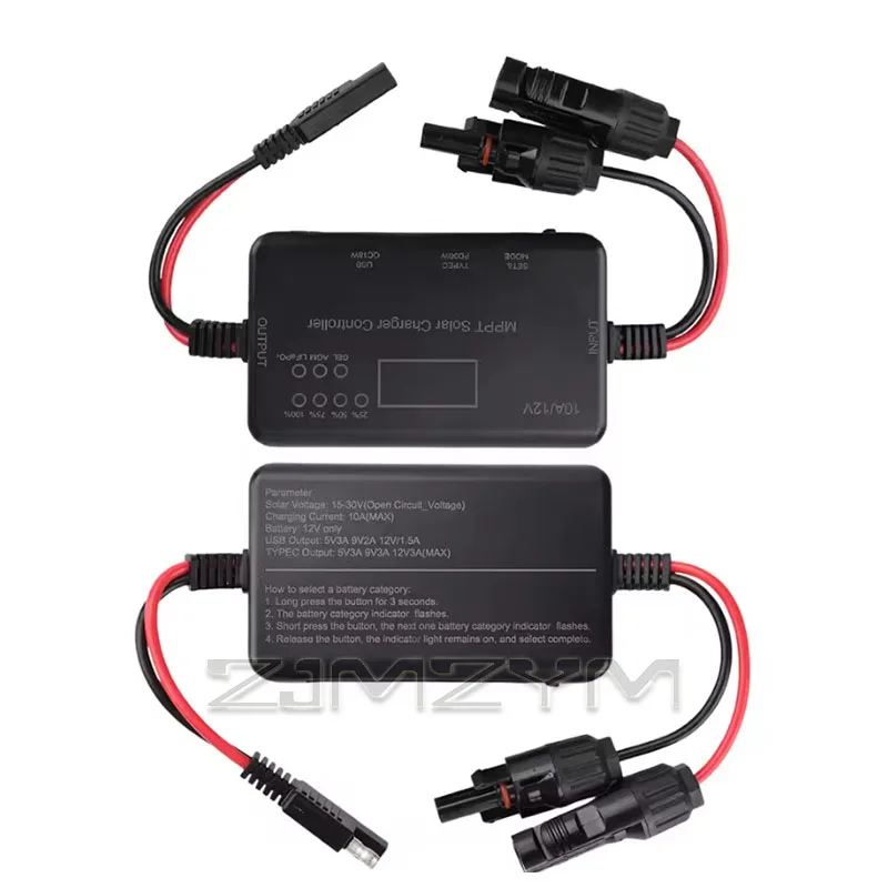 MPPT Solar Charge Controller 10A 12V, Solar Panel Controller Featuring Type-C Input, USB Output for Lead-Acid Lithium Batteries