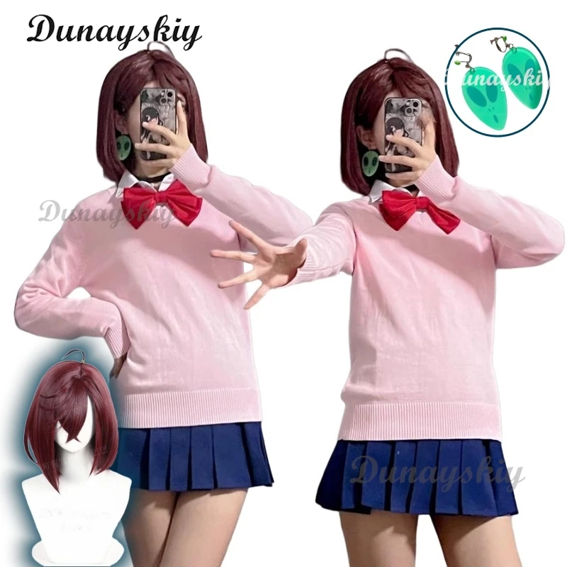 

Anime Dandadan Momo Ayase Cosplay Costume Wig Pink Sweater Top Skirt Earrings Choker School Uniform Props Halloween Customized