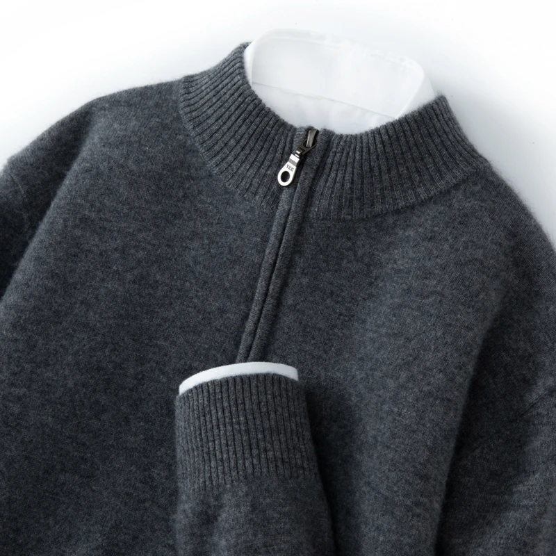 Chicuu suéter masculino 100% caxemira com zíper pulôver mock neck manga comprida básico malhas de caxemira outono inverno roupas tops