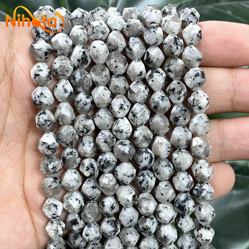 

Natural Stone Faceted Black Spot White Chalcedony Loose Spacer Beads for Diy Bracelet Accessories Making Jewelry 15" Strand 8mm