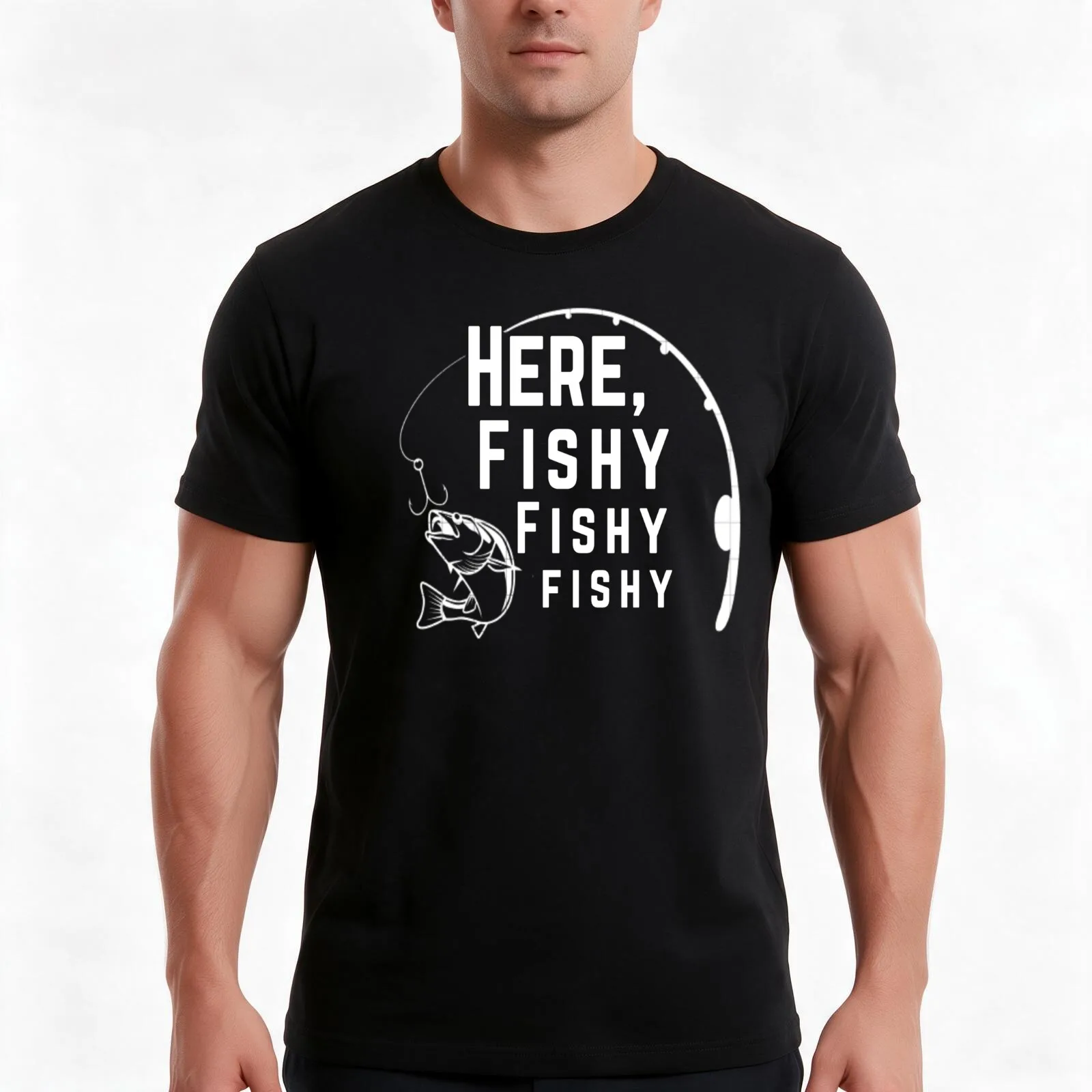 Funny Fishing Saying Here Fishy Fishy Father's Day Gift T-Shirt, Summer Casual Cotton Tee, Oversized Streetwear Tops