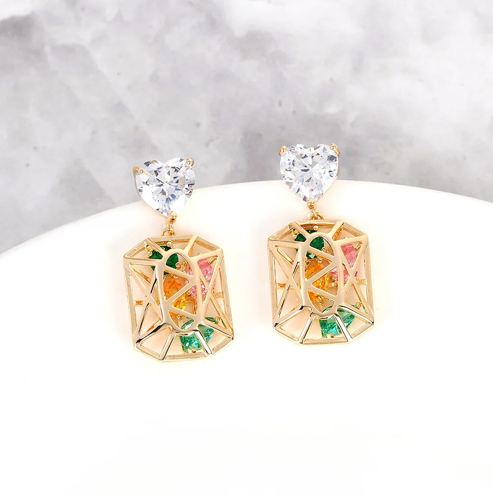 

925 Silver Needle Colorful Gemstone Hollow Geometric Drop Earrings, Gold Tone Fashion Jewelry for Women Daily Party Wear