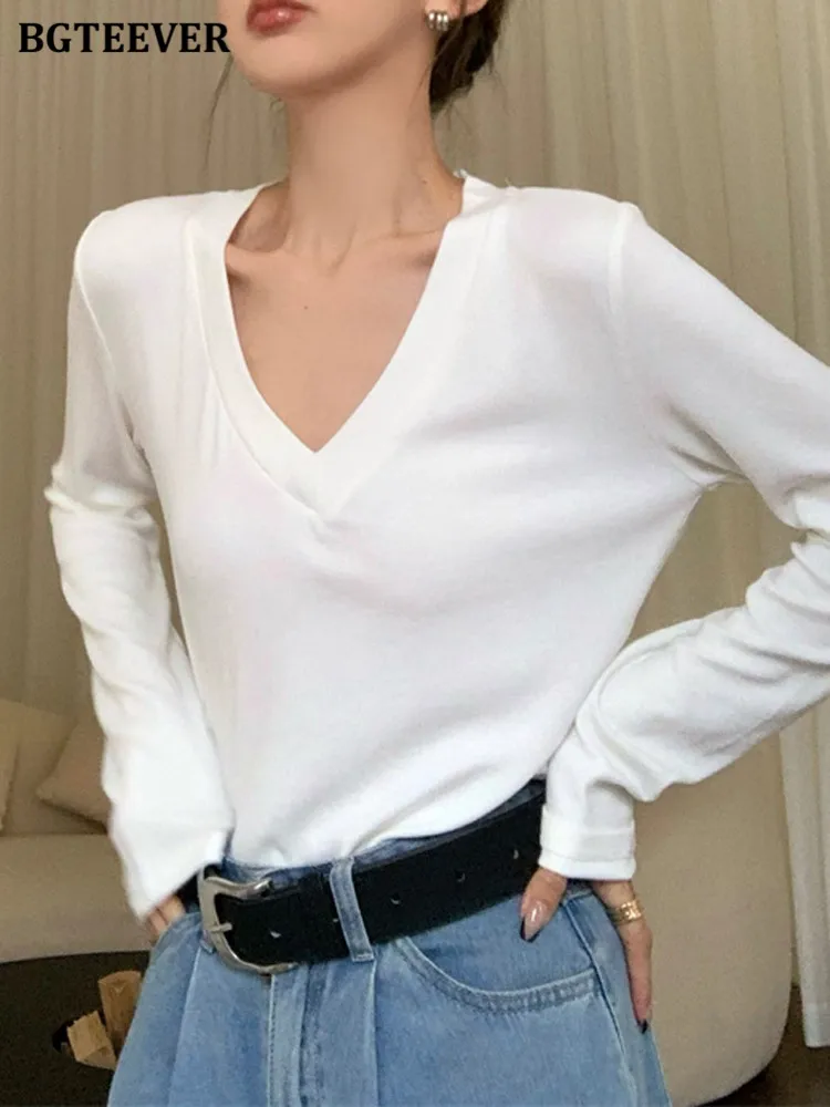 BGTEEVER Spring Summer Casual Solid V-Neck T-shirt Women Cotton Basic Full Sleeve Tops Female Soft White Tee Shirt Harajuku