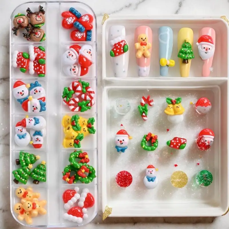 12 Grid 36/60 Pcs Kawaii Mini Snowman Xmas Tree Nail Charms 3D Reindeer Santa Claus Nail Rhinestones Resin Christmas Nail Gems