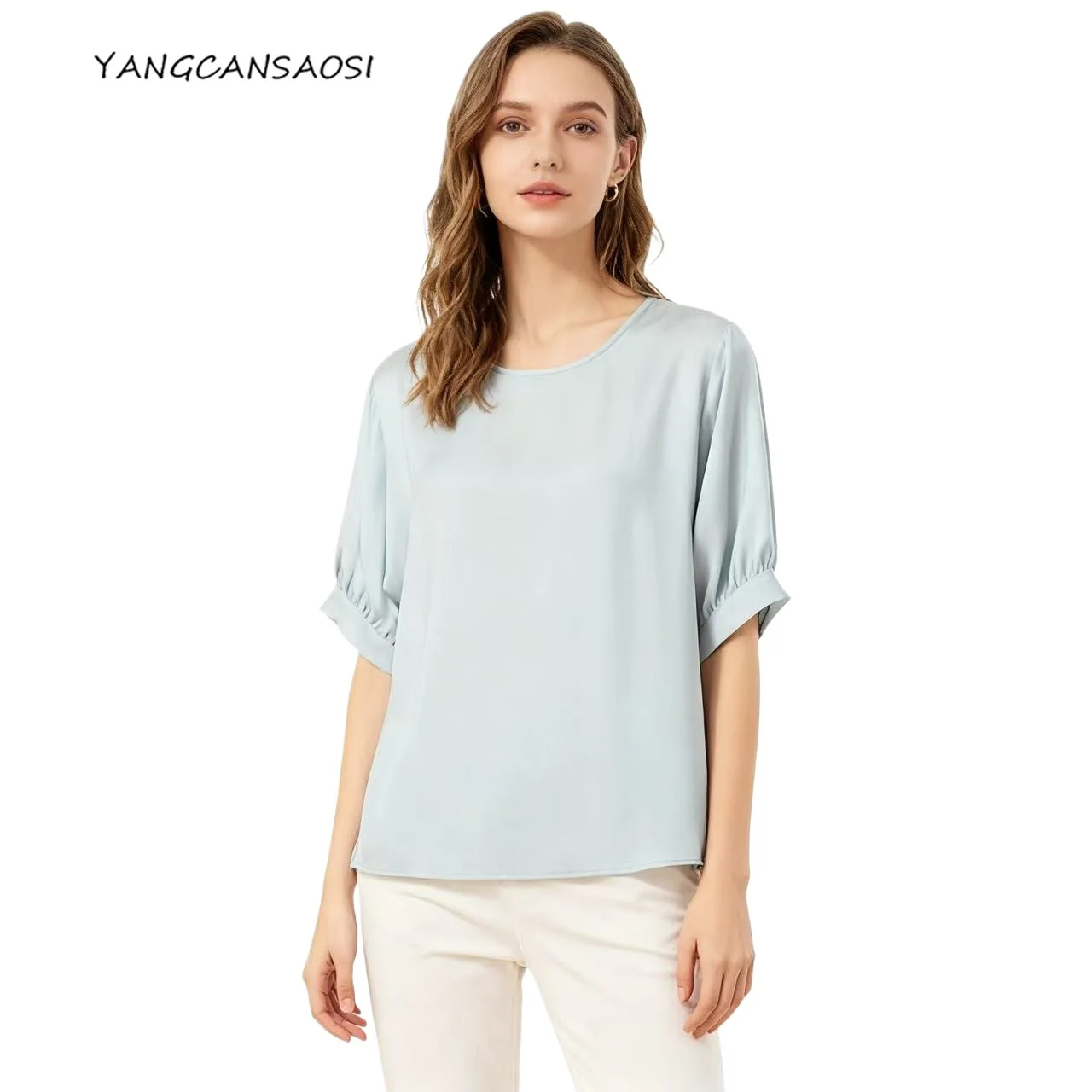 

Drape 93% Natural Mulberry Silk Elastic Double Qiao Satin Round Neck Short Sleeved Women's Loose Solid Color Casual T-shirt