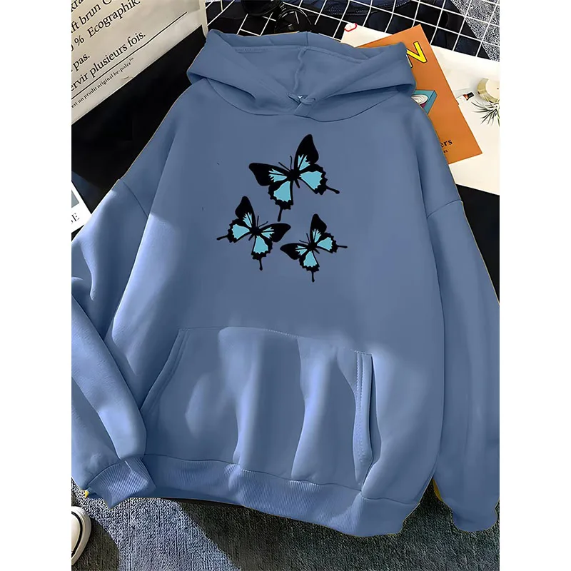 Hirsionsan Butterflies Print Women Sweatshirt Soft Casual Loose Female Hoodies 2023 Winter New Warm Fleece Tops for Girls