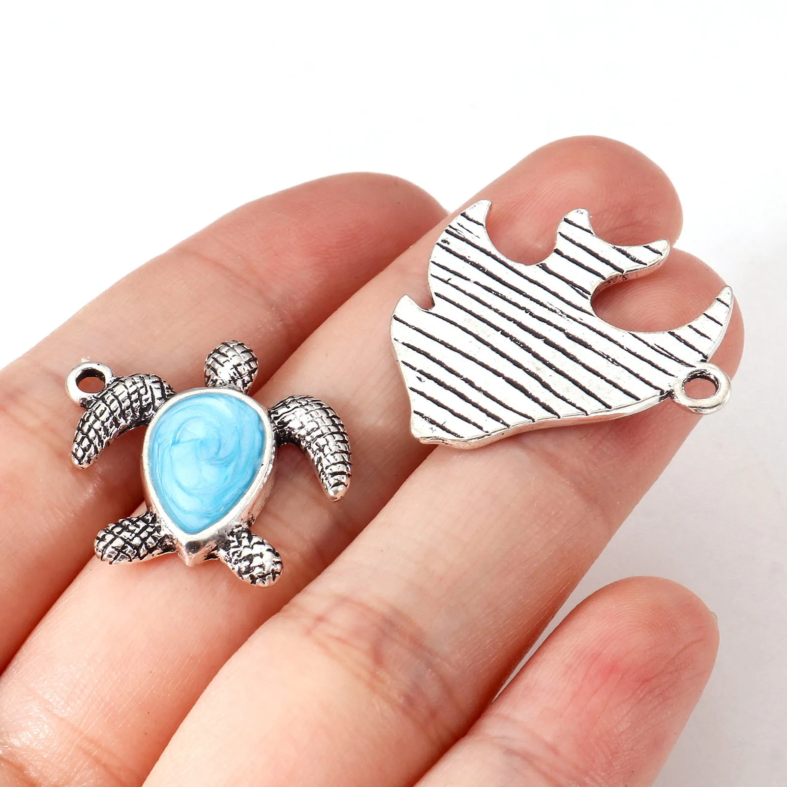 10pcs Bohemian Charms Antique Silver Color Crab Bird Fish Aniaml Blue Enamel Metal Pendants DIY Women Necklace Earrings Jewelry