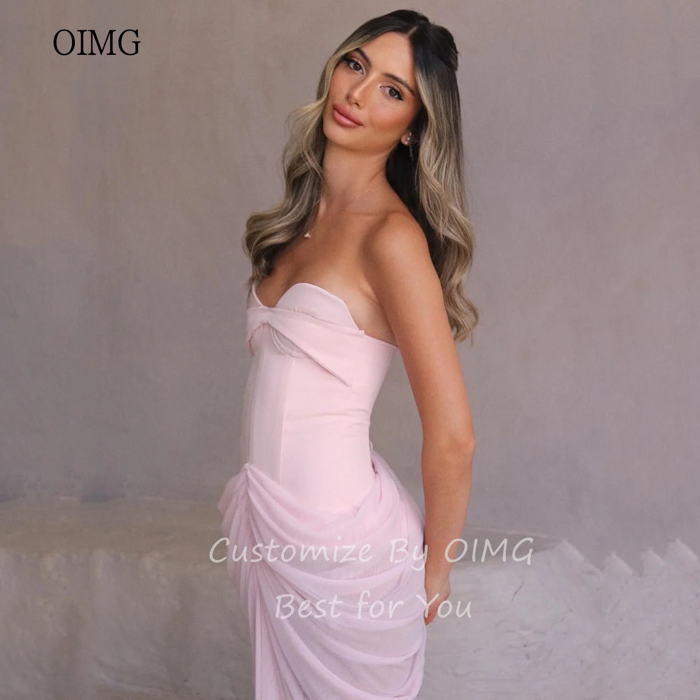 OIMG Sexy Pink Mermaid Prom Gowns Strapless Pleated Party Gown Floor Length Evening Dress vestidos de gala Customized image 2