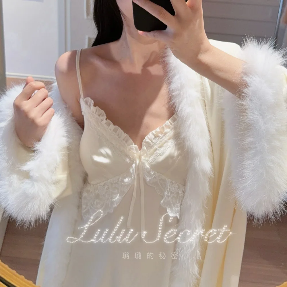 2026 New Women's Autumn and Winter Camisole Nightgown 2-piece Set with Chest Cushion and Lace Stitching, Elegant, Sexy and Warm