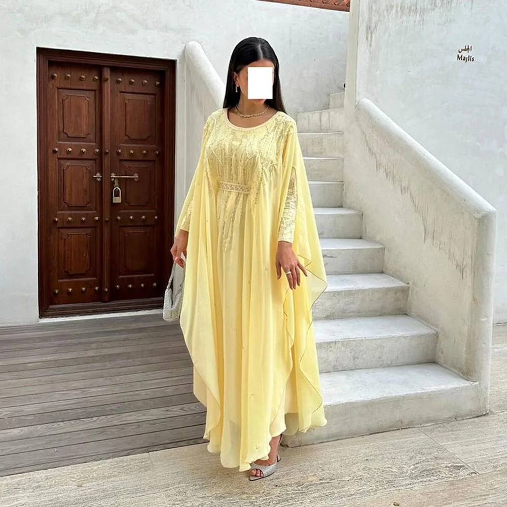 Msikoods Elegant Yellow Chiffon Prom Dress Embroidery Scoop Neck Special Occasion Dress Arabic Evening Dress robes de soirée