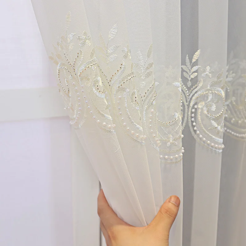 Beaded White Chiffon Embroidered Window Screen for Dining Room, Living Room, Balcony, Light-transmitting Partition