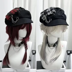 Punk Gothic Plaid Patchwork Vintage All Match Hat Women Y2k Aesthetic Chain Grunge Hats Harajuku Autumn Grunge Streetwear Cap