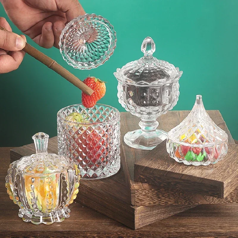 

European Diamond Striped Glass Storage Jar Nut Candy Box Crystal Glass Jar with Lid Aromatherapy Candlestick Food Container