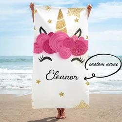 Customized Name Bath Towels Cartoon Unicorn Beach Towel Bathroom Sport Towel for Adult Kids Microfiber Quick Dry Swimming Cover