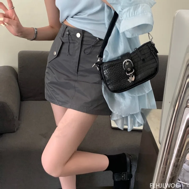 American Retro High-Waisted Drawstring Utility Skirt 2025 Summer Fashion Solid Cute Japan Girls Outfits Date Mini Skirts