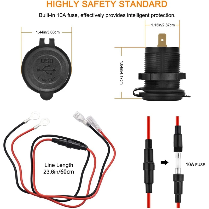 منفذ USB شاحن سيارة مع التبديل ، منفذ طاقة مقاوم للماء ، ثنائي QC 3.0 ، 36 واط ، 1.1 بوصة الناخس ، 4X ، 12 فولت