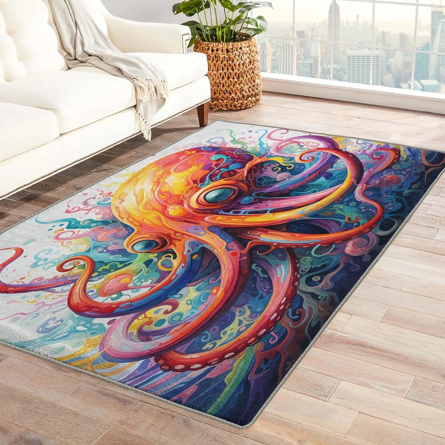 Sea Octopus Underwater World Watercolor Octopus Print Large Rug Modern Art Ocean Animals Decor Floor Mat Non-Slip Indoor Carpet