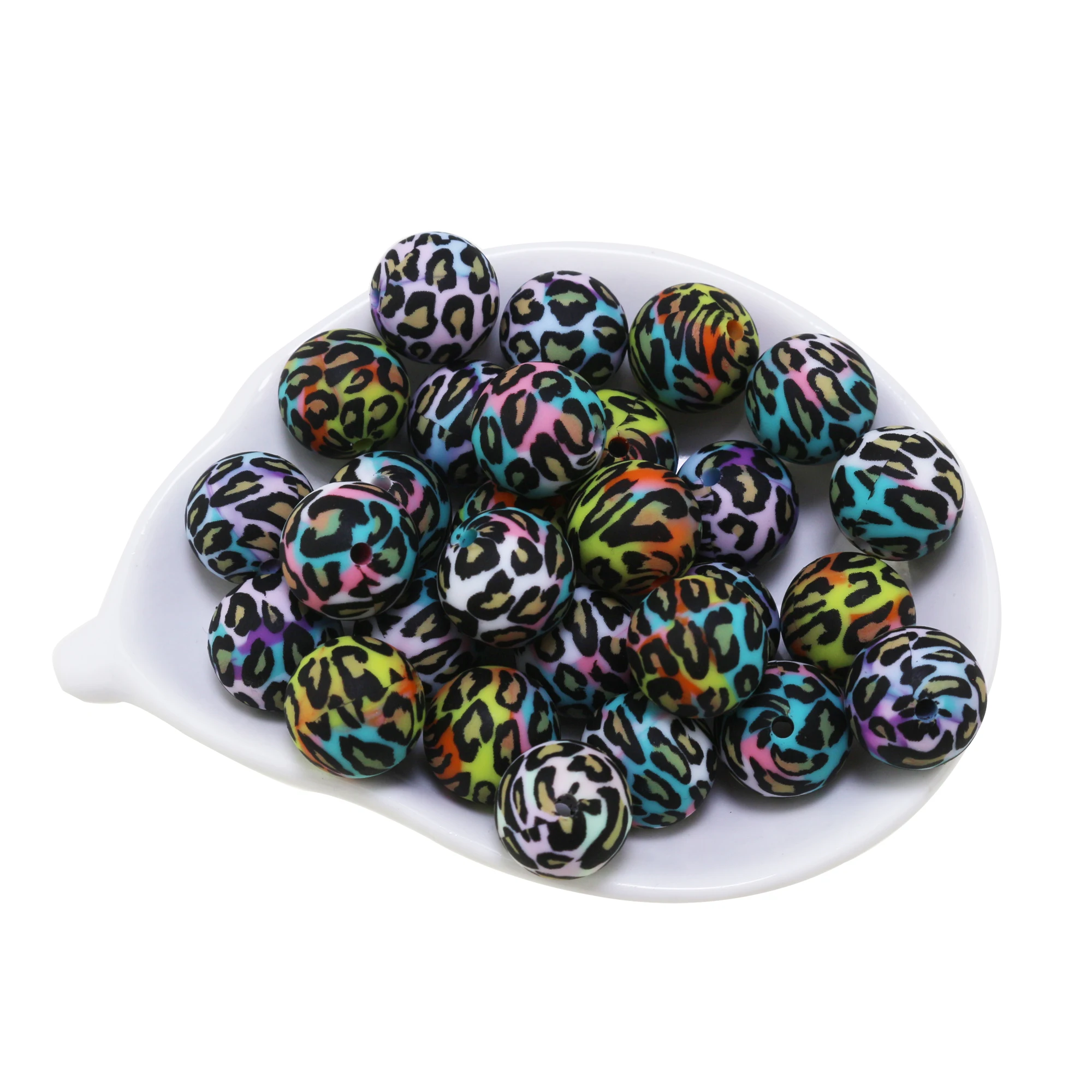 New Arrival 10Pcs Tie-dye Colorful Pattern Cow Paw Silicone Beads 15mm Leopard Print Focal Round Loose Balls For Pens Lanyards