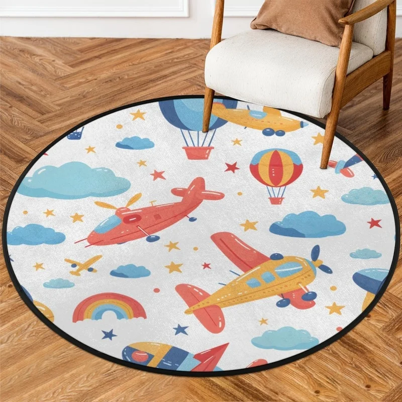 Cartoon Airplane Hot Air Balloon Round Rug Sky Star Print Circular Play Mat Non-Slip Soft Floor Carpet Playroom Decor