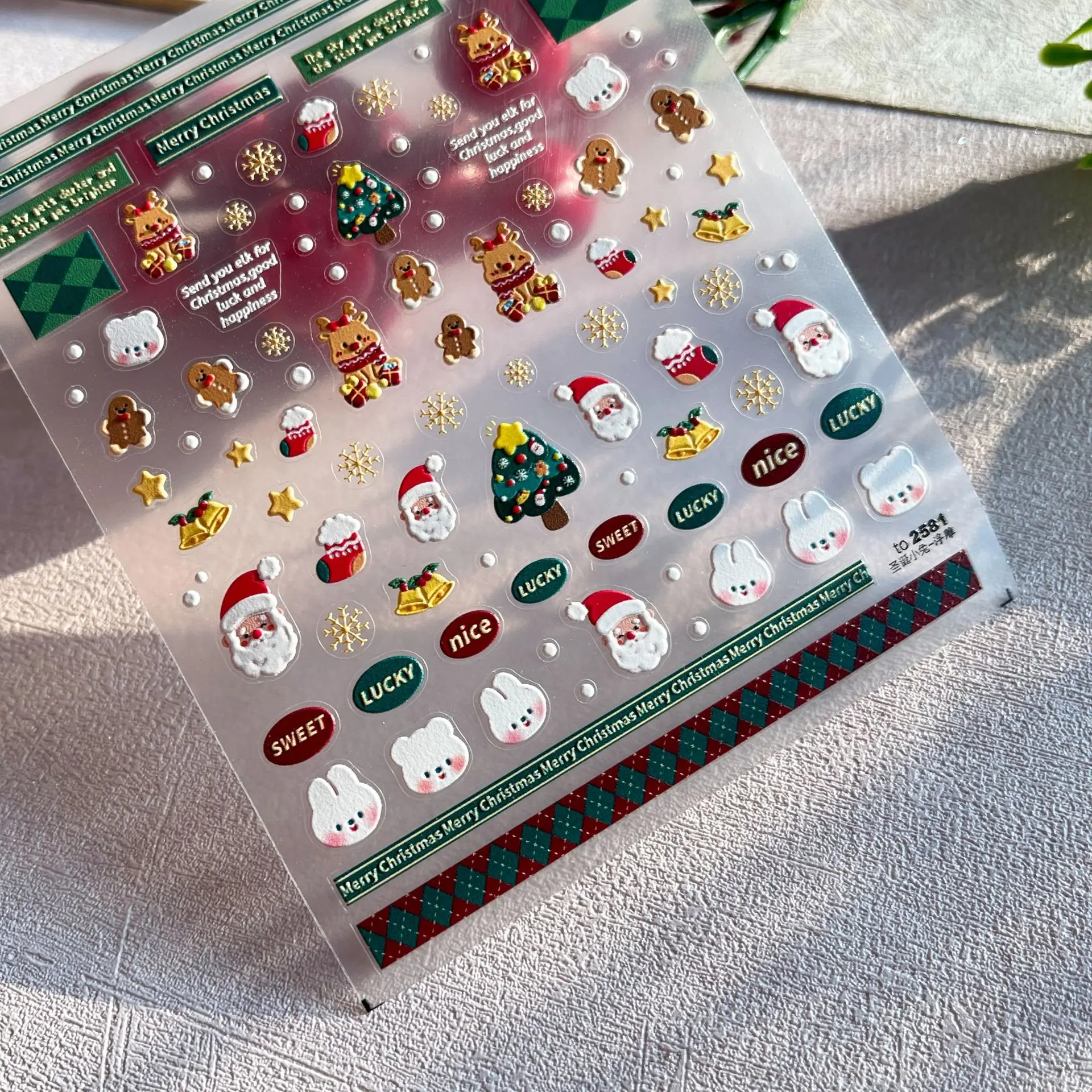 1 unidad de pegatinas para decoración de uñas en relieve 5D, pegatinas para uñas simples y bonitas de alta calidad, diseño de conejito de Navidad, pegatinas para decoración de uñas