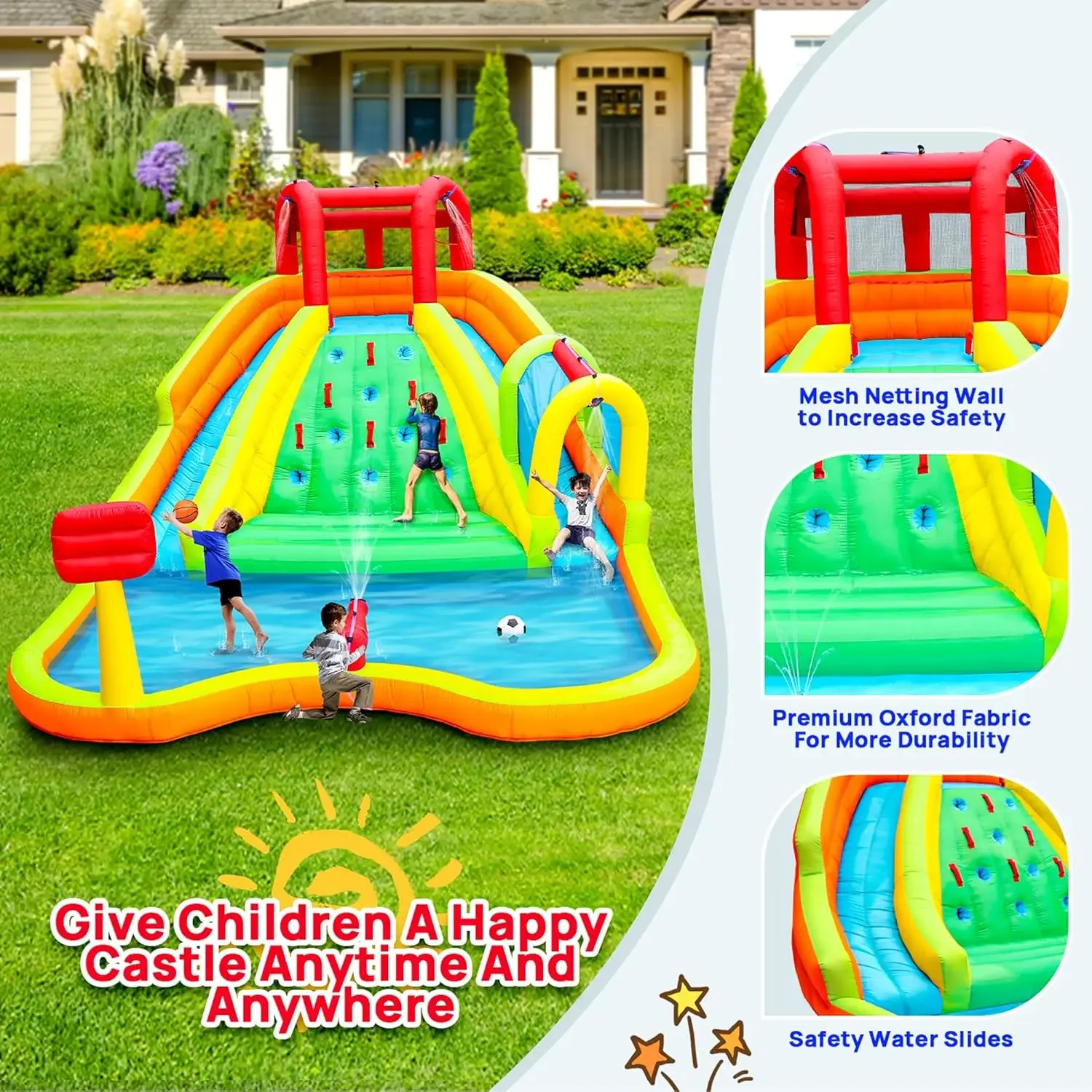 Water Double Slides Park, Bounce House with Arched Water Gun Spray, Jumping Castle with Air Blower